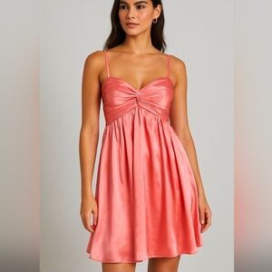 NWT Coral Satin Mini Dress Twist Front Lace Up Back Babydoll XS